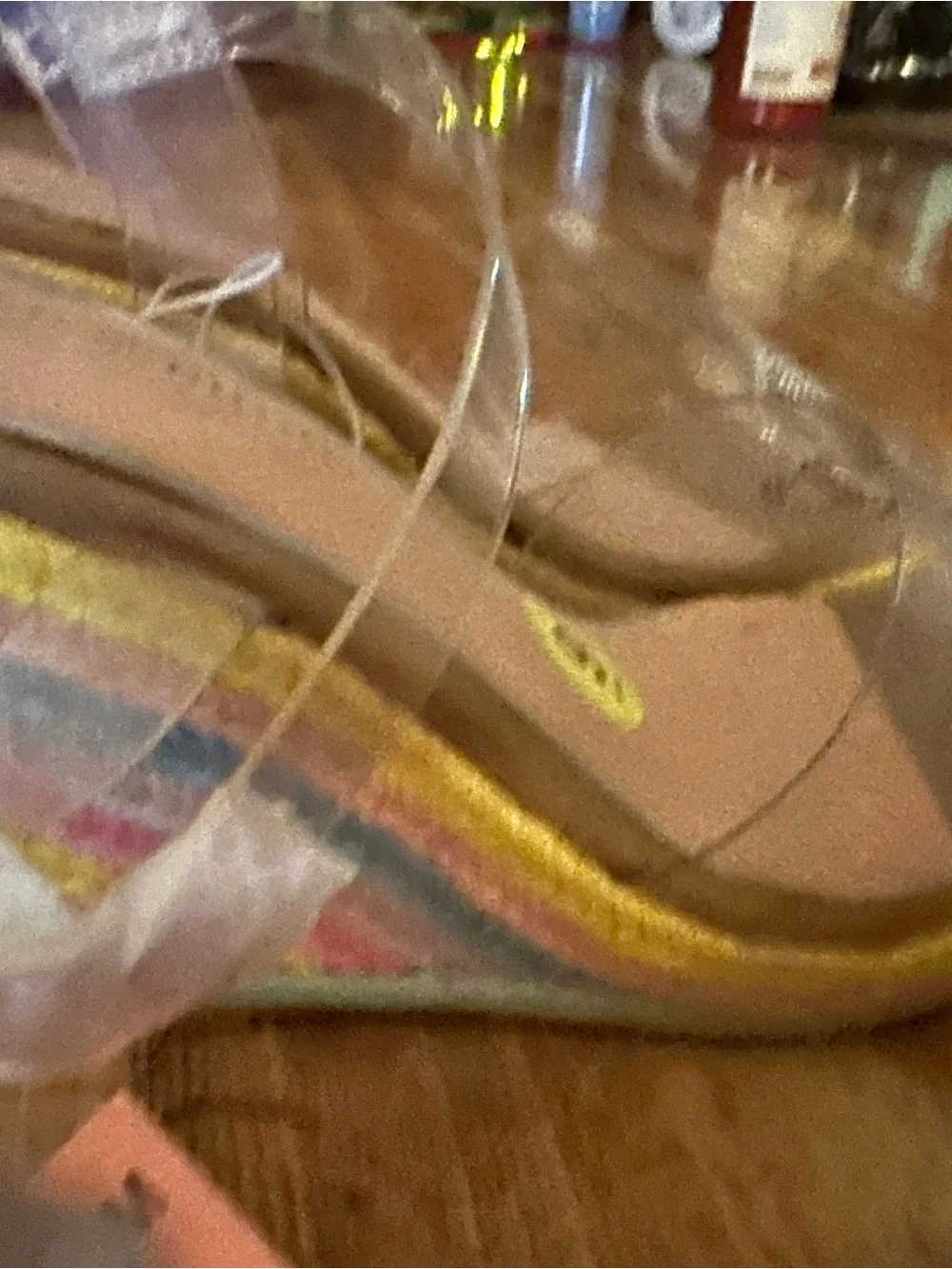 Juicy Couture Clear Rhinestone Logo Wedge Sandals in Nude with Yellow Trim